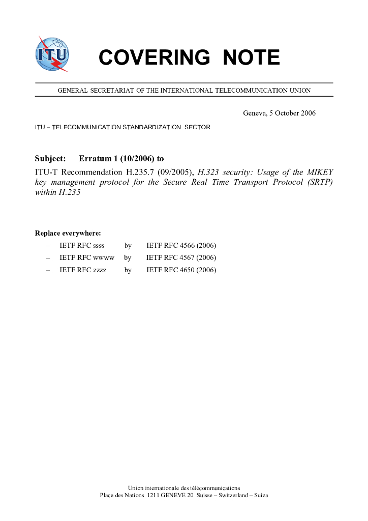 ITU-T H.235.7-2005/Erratum 1-2006 H.323安全：在H.235中使用MIKEY密钥管理协议用于安全实时传输协议（SRTP）
