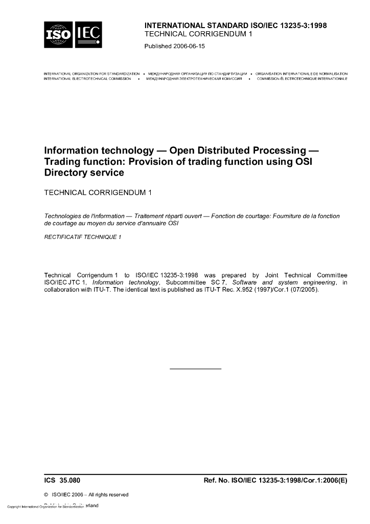 ISO/IEC 13235-3-1998/Cor 1-2006 勘误1:信息技术 开放式分布型处理系统 贸易功能 第3部分：利用开放系统互连的贸易功能条款 目录服务