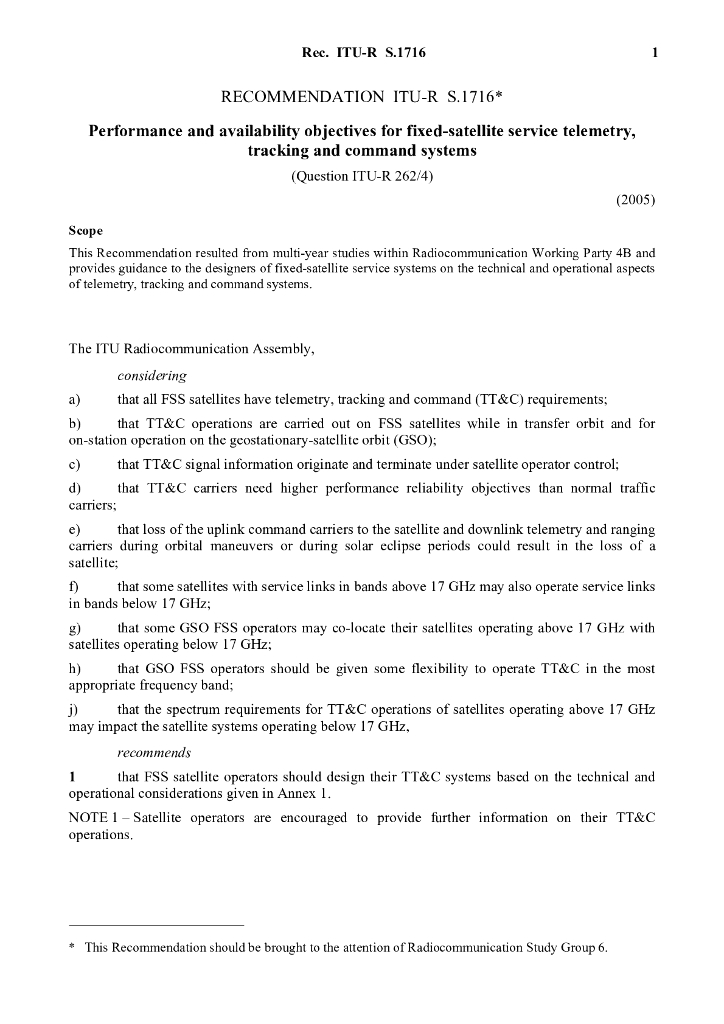 ITU-R S.1716-2005 固定卫星业务遥感、追踪和命令系统的性能和可用性目标