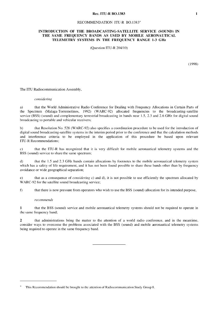 ITU-R BO.1383-1998 与移动航空遥感系统使用同一频段1GHz～3GHz的广播卫星业务(BSS)(声音)的介绍