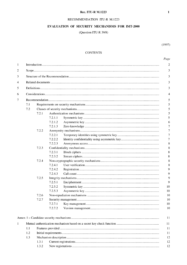 ITU-R M.1223-1997 国际移动通信2000(IMT-2000)安全机制的评估
