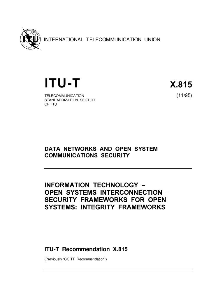 ITU-T X.815-1995 信息技术 开放系统互连(OSI)开放系统安全框架:完整性框架
