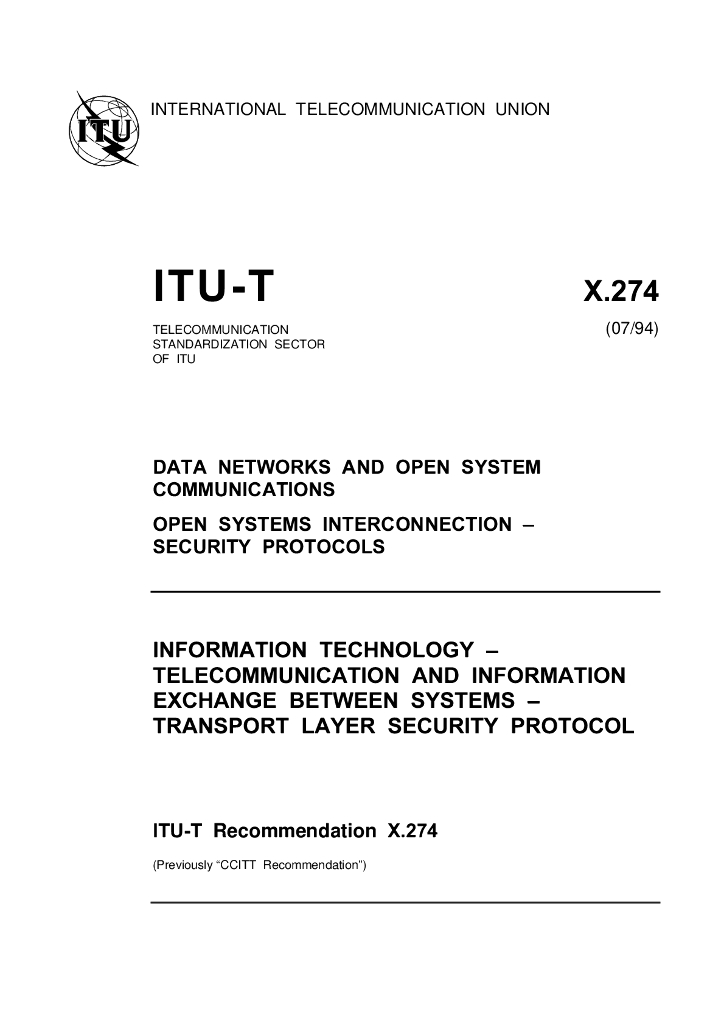 ITU-T X.274-1994 信息技术 系统间的电信和信息交换 传送层安全协议