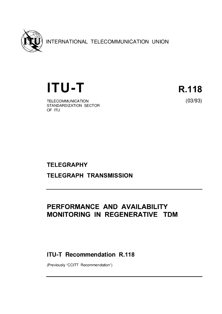 ITU-T R.118-1993 在再生的国际时分复用(TDM)中监控性能和可用性