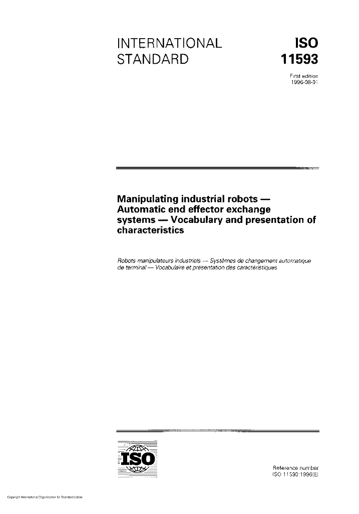 ISO 11593-1996 操作型工业机器人-末端执行器自动更换系统 词汇和特性表示