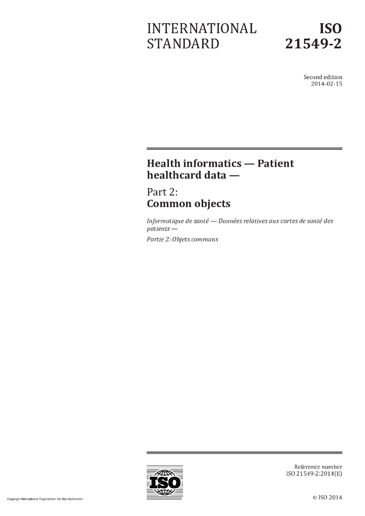ISO 21549-2-2014 保健信息学 患者健康卡数据 第2部分：通用对象