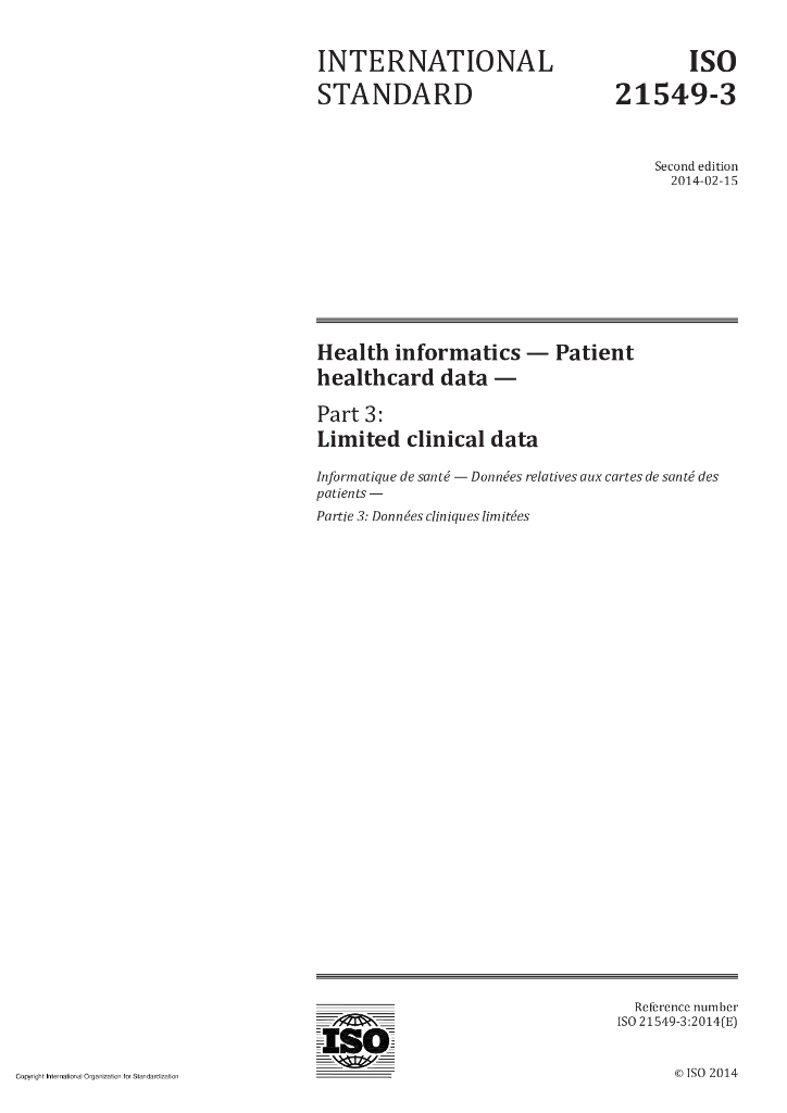 ISO 21549-3-2014 健康信息 病人健康卡数据 第3部分：有限临床数据