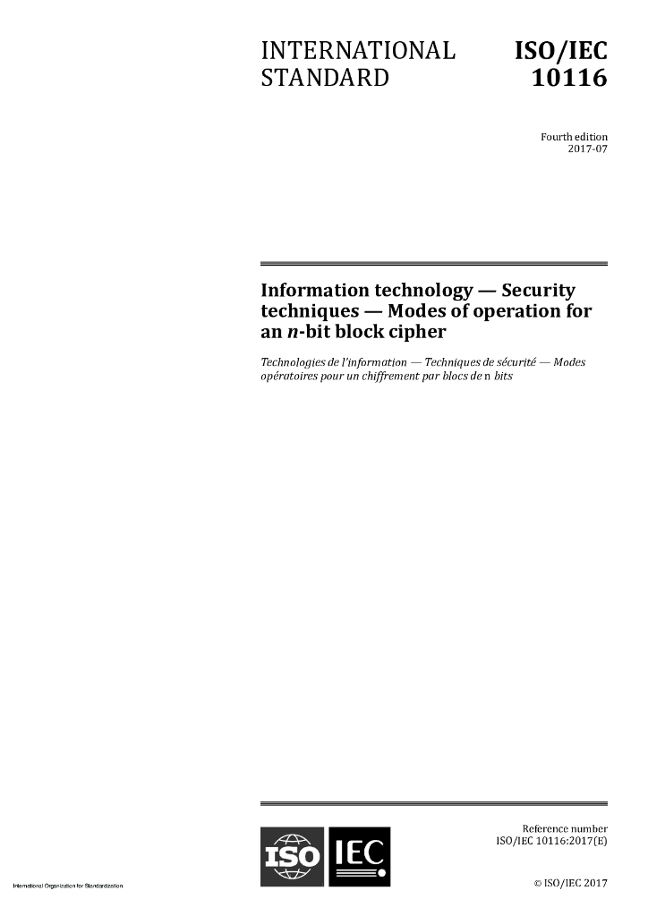 ISO/IEC 10116-2017 信息技术 安全技术 n位块密码算法的操作方式