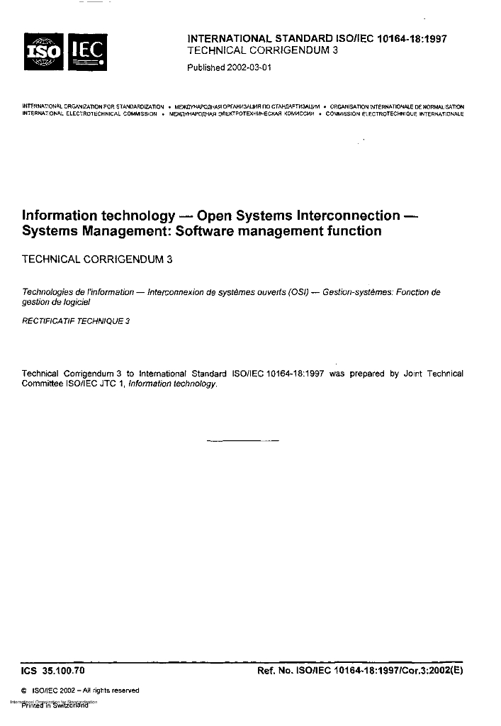 ISO/IEC 10164-18-1997/Cor 3-2002 勘误3:信息技术 开放式系统互连 系统管理:软件管理功能