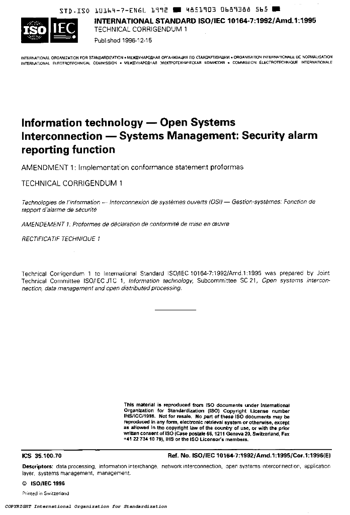 ISO/IEC 10164-7-1992 信息技术 开放式系统互连 系统管理 安全告警功能