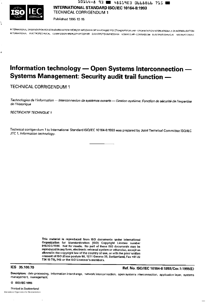 ISO/IEC 10164-8-1993/Cor 1-1995 勘误1:信息技术 开放式系统互连 系统管理 安全检查跟踪功能