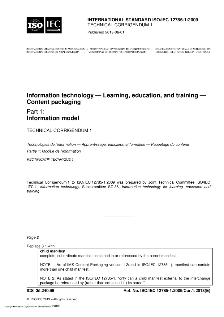 ISO/IEC 12785-1-2009/Cor 1-2013 勘误1:信息技术 学习,教育,培训 内容包装 第1部分：信息模型