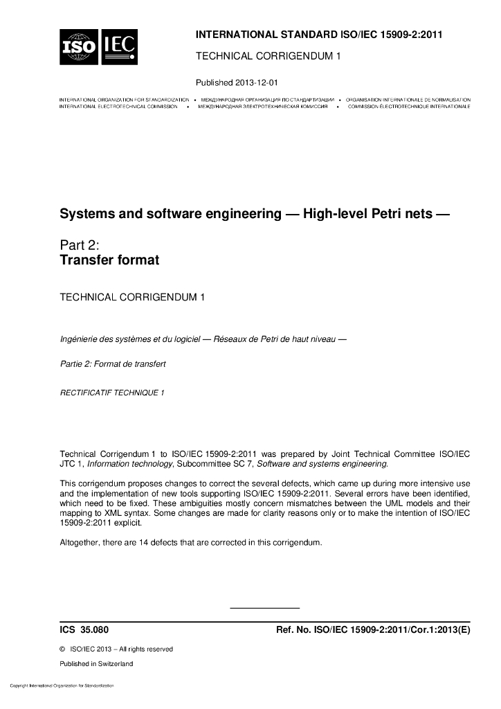ISO/IEC 15909-2-2011/Cor 1-2013 勘误1:系统与软件工程 高级Petri网 第2部分：转换格式