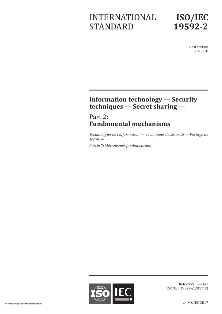 ISO/IEC 19592-2-2017 信息技术 安全技术 密钥分存 第2部分 基本机制