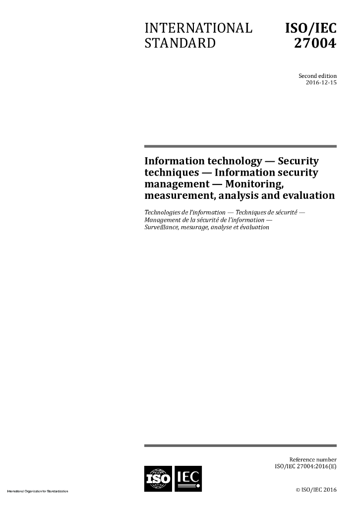 ISO/IEC 27004-2016 信息技术 安全技术 信息安全管理 测量