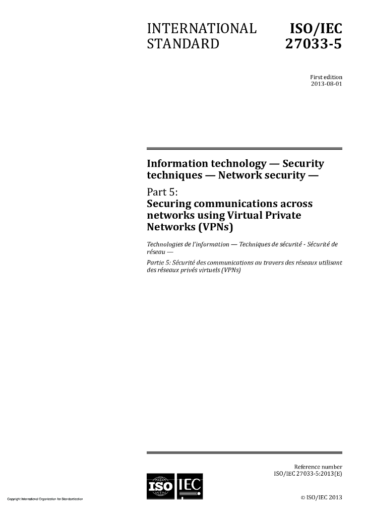 ISO/IEC 27033-5-2013 信息技术 安全技术 网络安全性 第5部分：虚拟私人网络的网络间安全通信