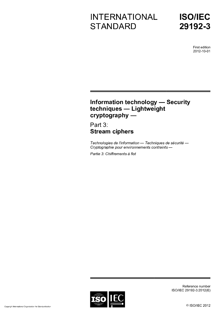 ISO/IEC 29192-3-2012 信息技术 安全技术 轻量加密 第3部分：流密码