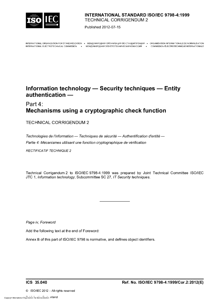 ISO/IEC 9798-4-1999/Cor 2-2012 勘误2:信息技术 安全技术 实体鉴别 第4部分：采用密码校验函数的机制