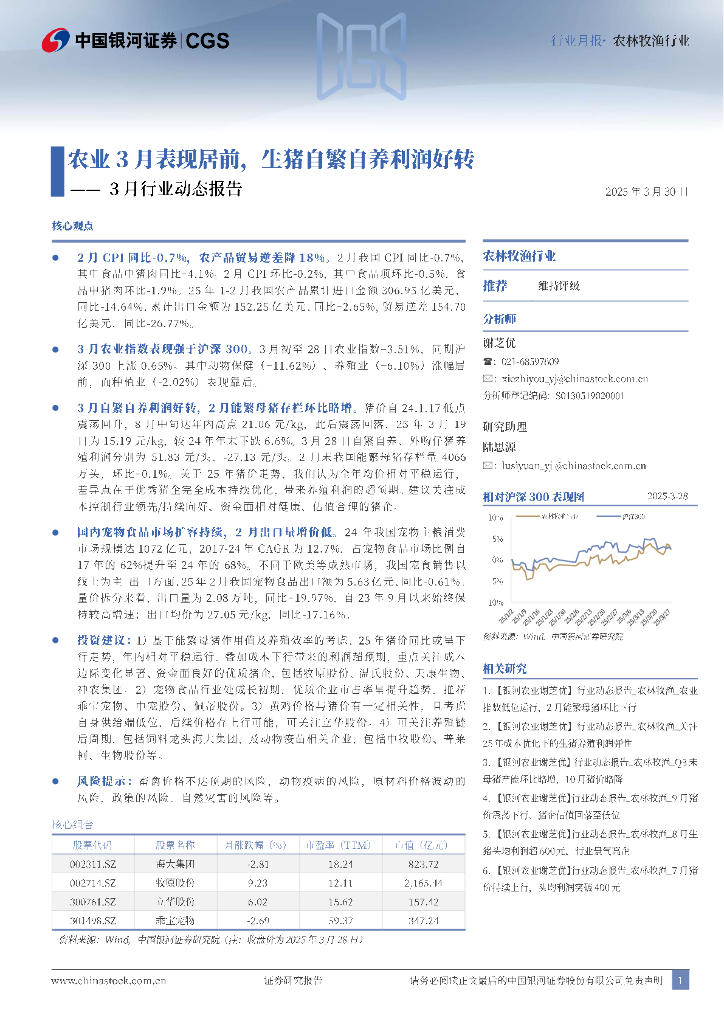 中国银河：农林牧渔行业：3月行业动态报告-农业3月表现居前，生猪自繁自养利润好转