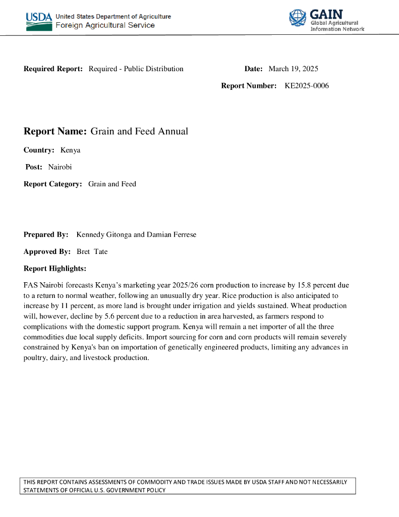 美国农业部（USDA）：2025年肯尼亚谷物与饲料市场年度报告（英文版）