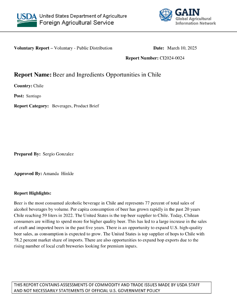 美国农业部（USDA）：2025年智利啤酒及其原料市场机遇研究报告（英文版）