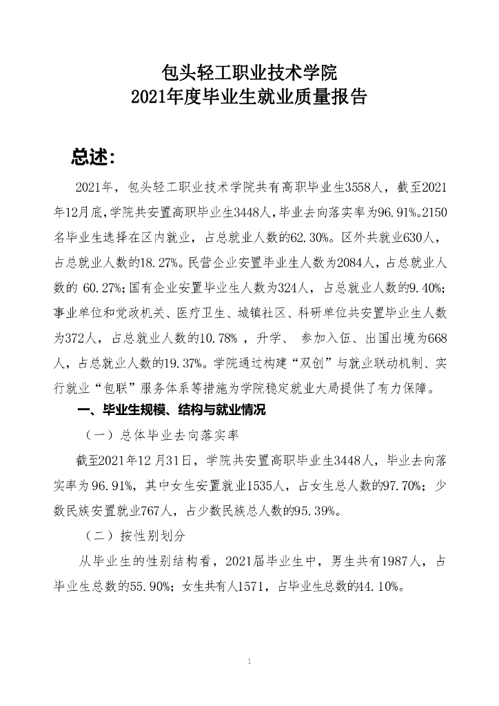 包头轻工职业技术学院2021年度毕业生就业质量报告