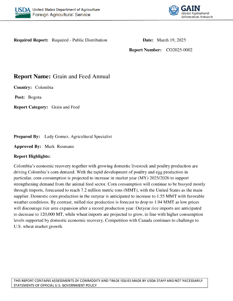 美国农业部（USDA）：2025年哥伦比亚谷物与饲料市场年度报告（英文版）
