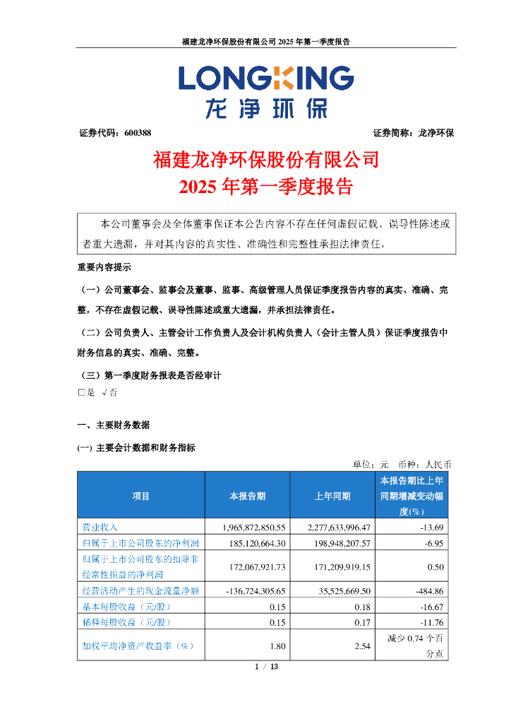 600388-龙净<em>环保</em>:2025年第一季度报告