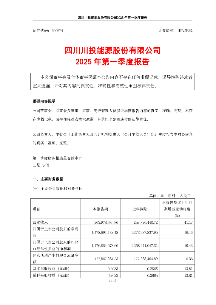 600674-川投<em>能源</em>：四川川投<em>能源</em>股份有限公司2025年第一季度报告 海报
