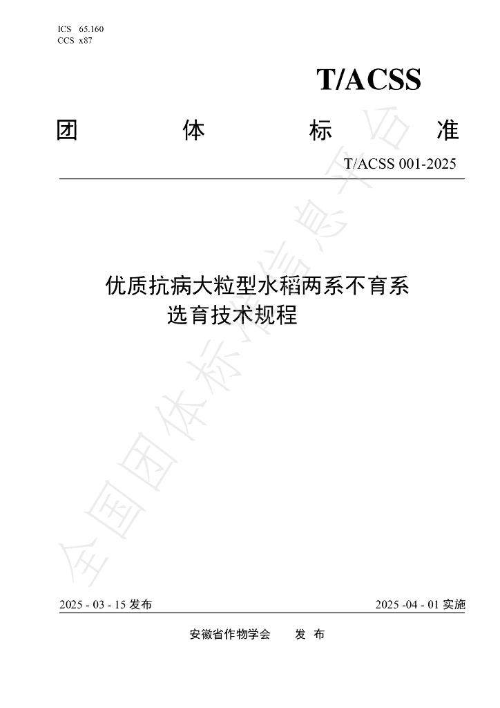T/ACSS 001-2025 优质抗病大粒型水稻两系不育系选育技术规程