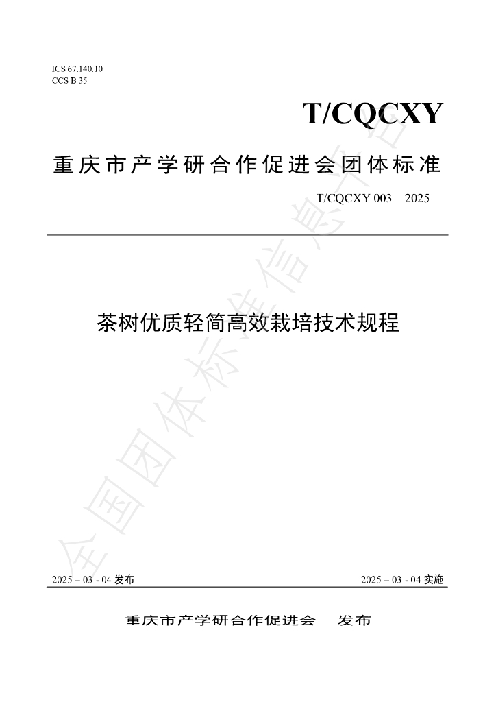 T/CQCXY 003-2025 茶树优质轻简高效栽培技术规程