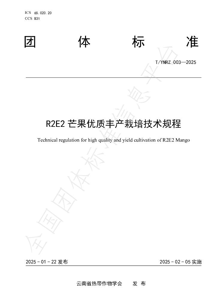 T/YNRZ 003-2025 R2E2芒果优质丰产栽培技术规程