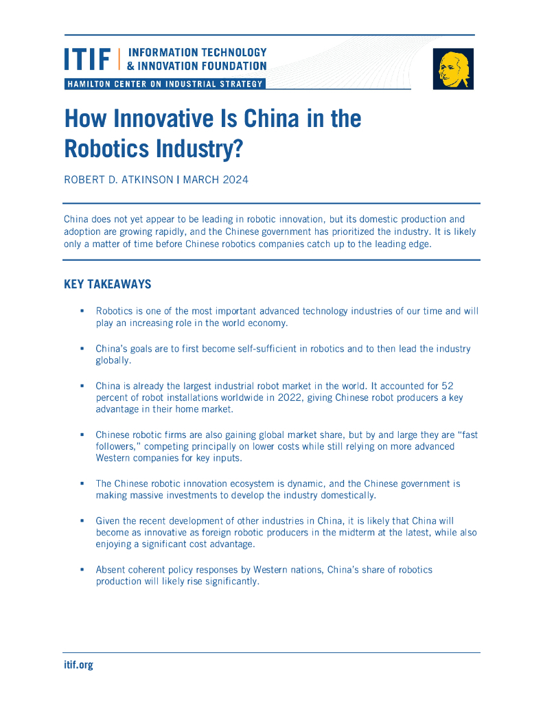 ITIF：2024年中国在机器人产业中的创新程度如何？（英文版）