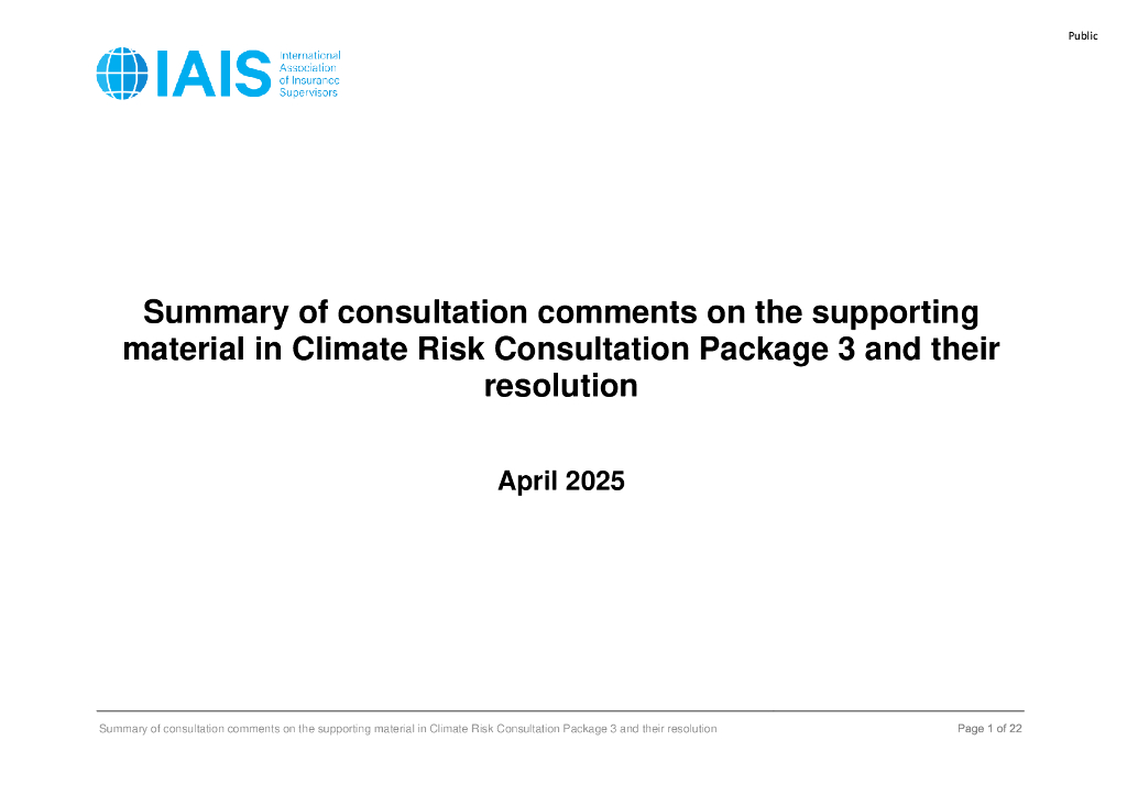 国际保险监督官协会（IAIS）：2025年气候风险咨询包3中支持材料的咨询意见总结及其解决方案报告（英文版）