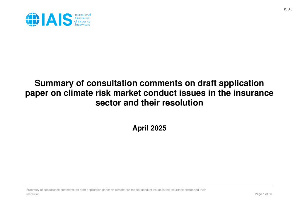 国际保险监督官协会（IAIS）：2025年保险业气候风险市场行为问题应用文草稿咨询意见汇总及其解决方案报告（英文版）
