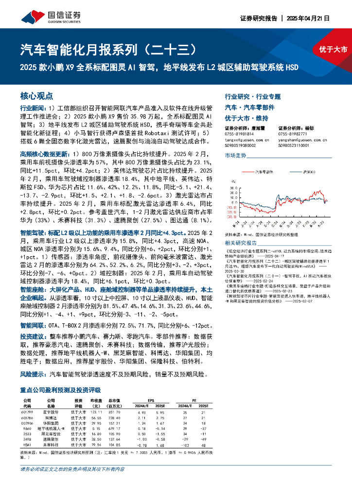 国信证券：汽车智能化月报系列（二十三）：2025款小鹏X9全系标配图灵AI智驾，地平线发布L2城区辅助驾驶系统HSD海报