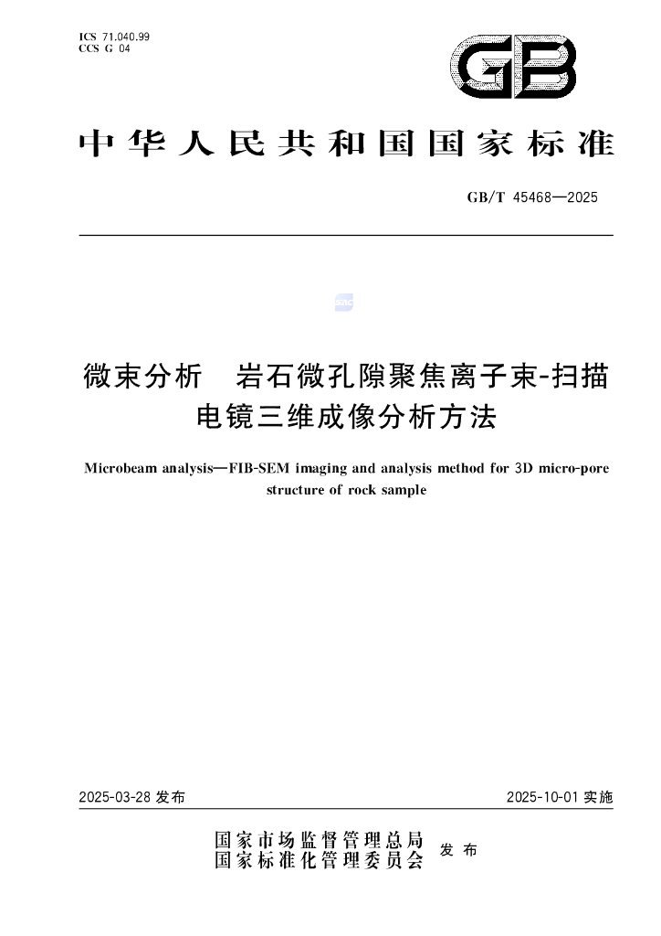 GB/T 45468-2025 微束分析 岩石微孔隙聚焦离子束-扫描电镜三维成像分析方法