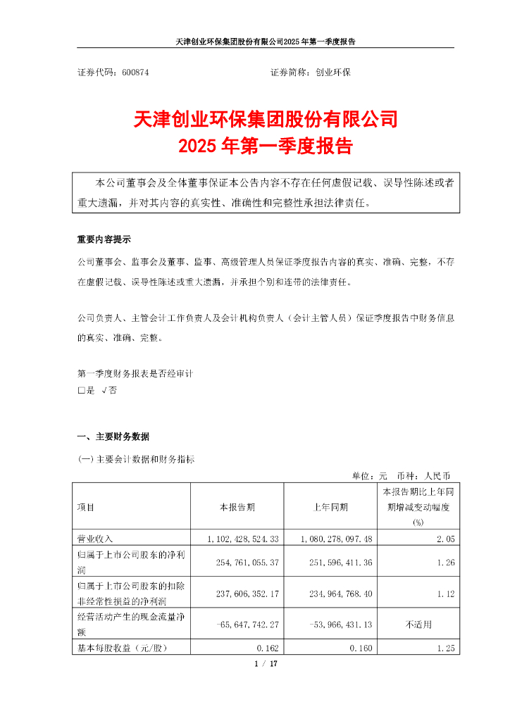 600874-创业<em>环保</em>:创业<em>环保</em>2025年第一季度报告 海报