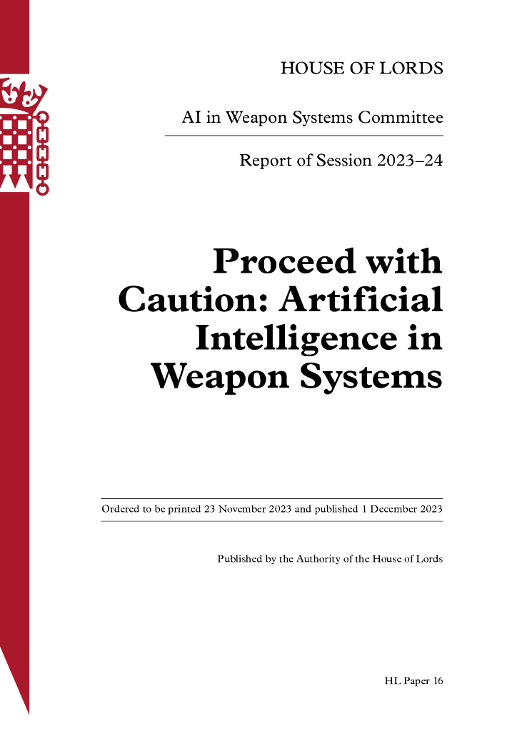 英国上议院：2024年谨慎前进：人工智能在武器系统中的应用报告（英文版）