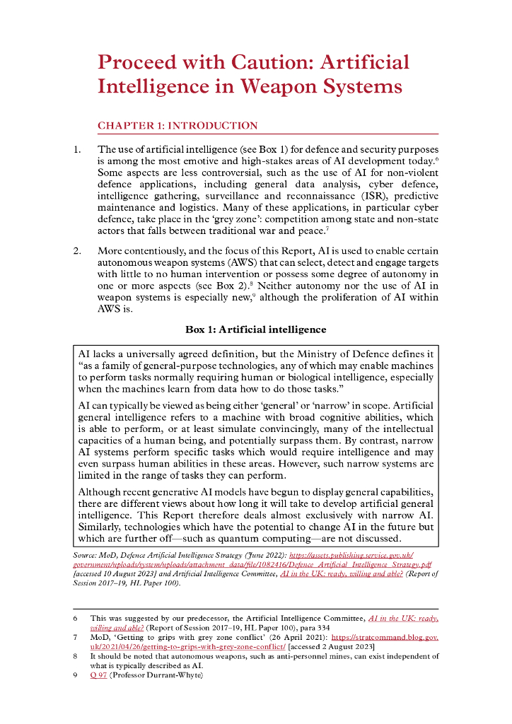 英国上议院：2024年谨慎前进：人工智能在武器系统中的应用报告（英文版）_第9页