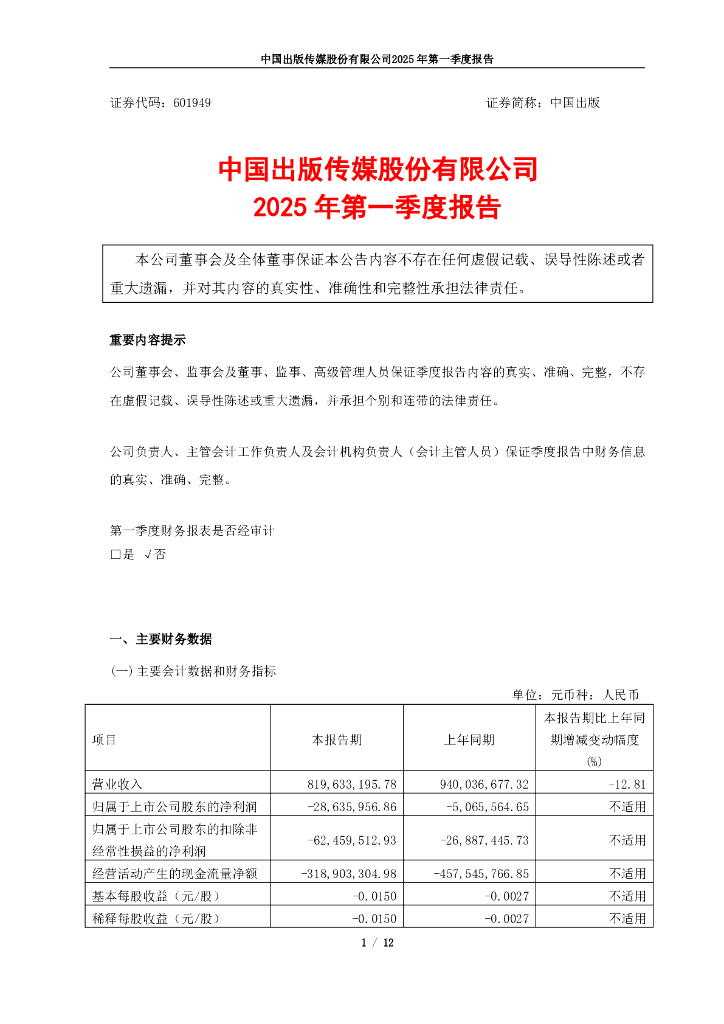 601949-中国出版：中国出版传媒股份有限公司2025年第一季度报告