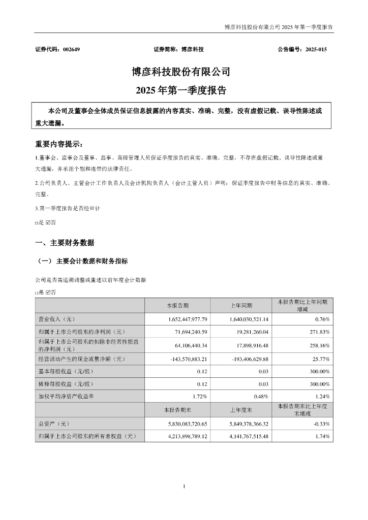 002649-博彦科技：2025年一季度报告