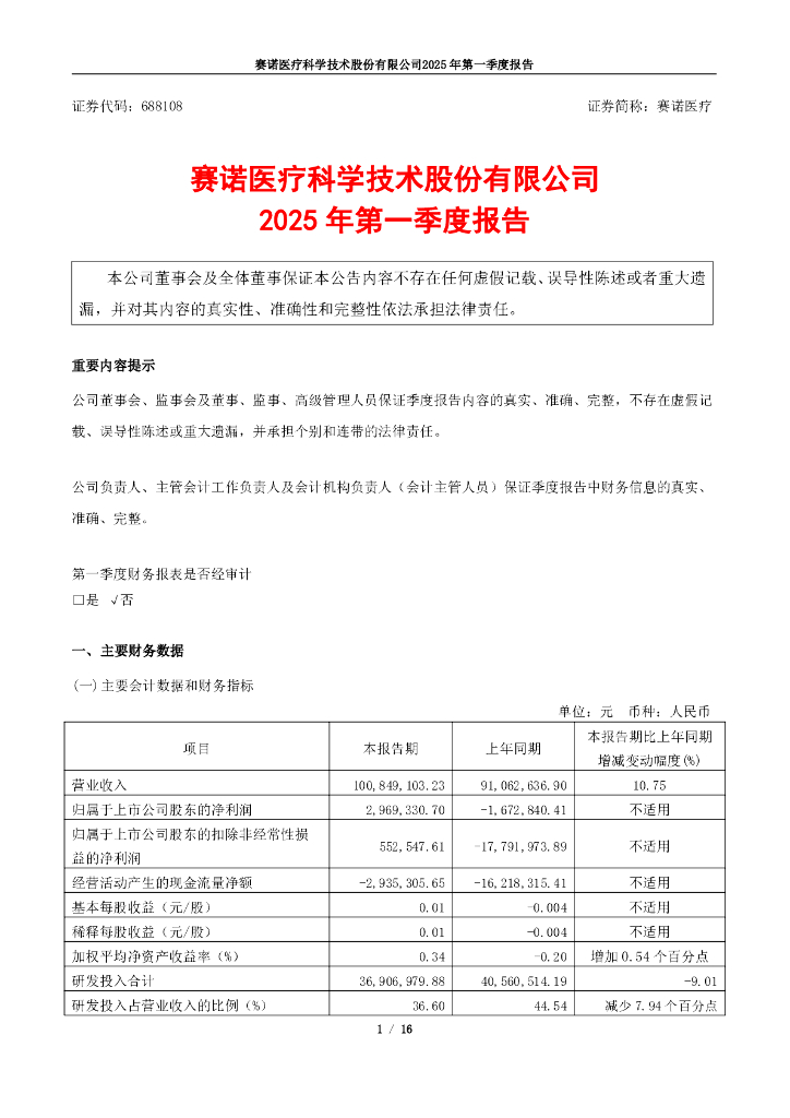 688108-赛诺医疗：赛诺医疗科学技术股份有限公司2025年第一季度报告