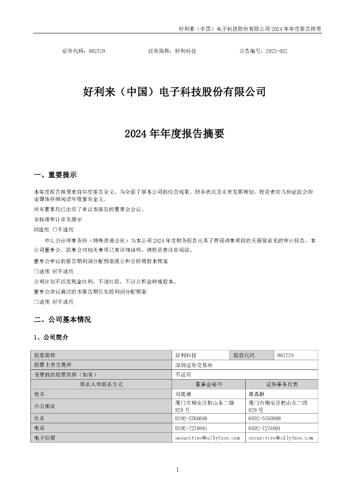 002729-好利科技：2024年年度报告摘要