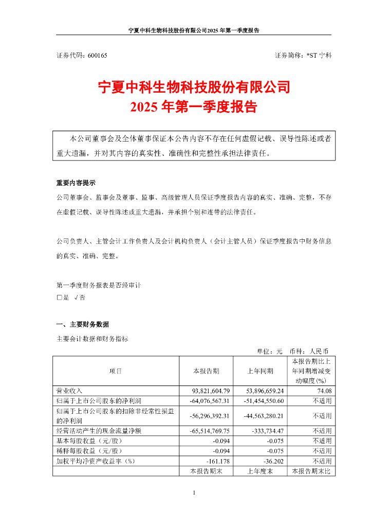 600165-*ST宁科：*ST宁科2025年第一季度报告
