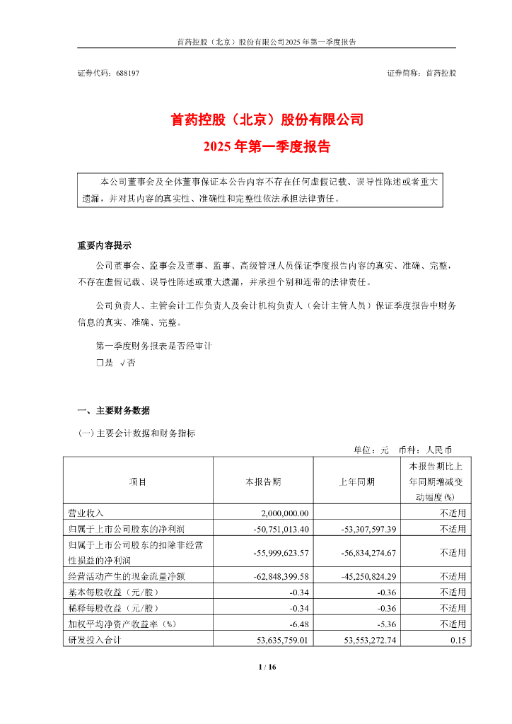 688197-首药控股：首药控股(北京)股份有限公司2025年第一季度报告