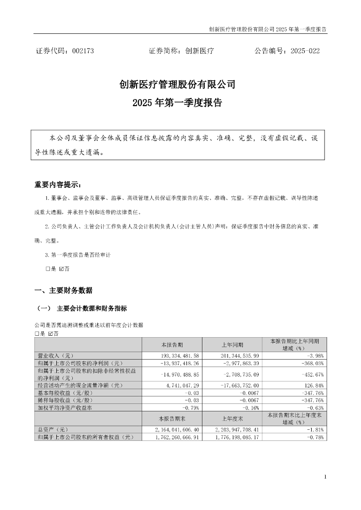 002173-创新医疗：2025年一季度报告