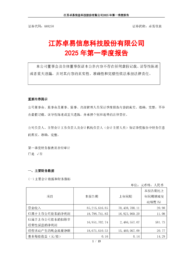 688258-卓易信息：江苏卓易信息科技股份有限公司2025年第一季度报告