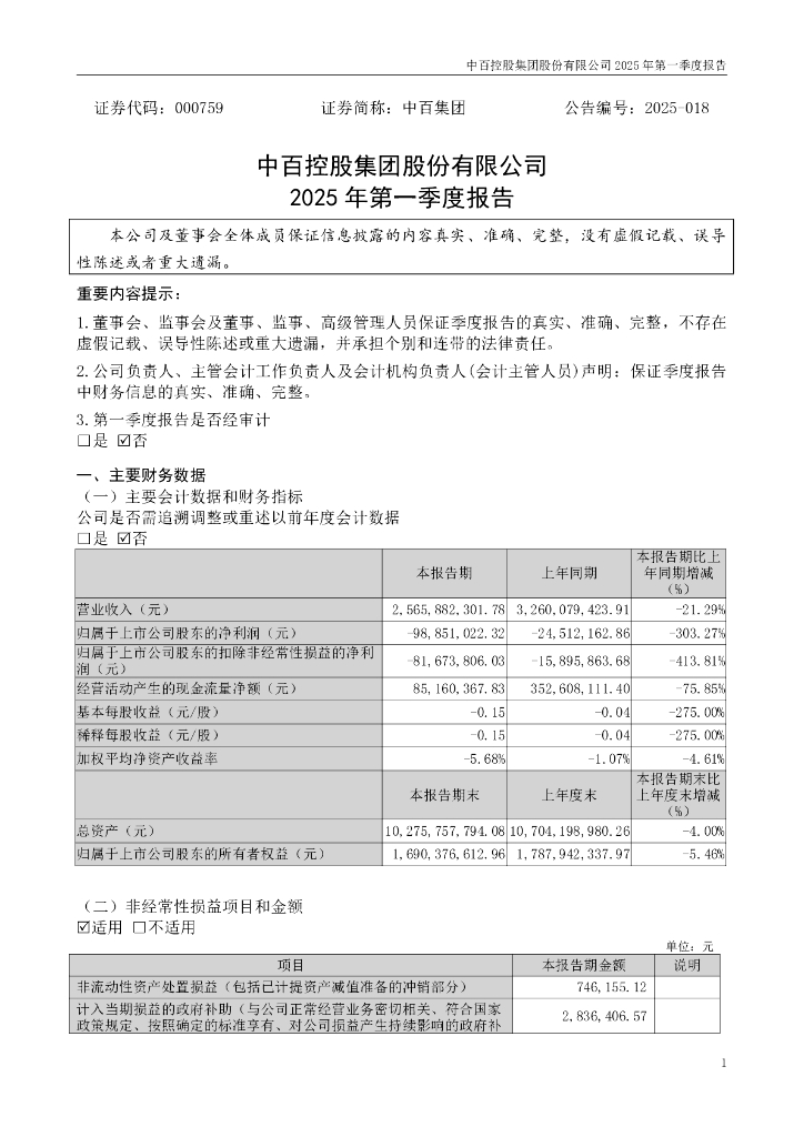 000759-中百集团：2025年一季度报告