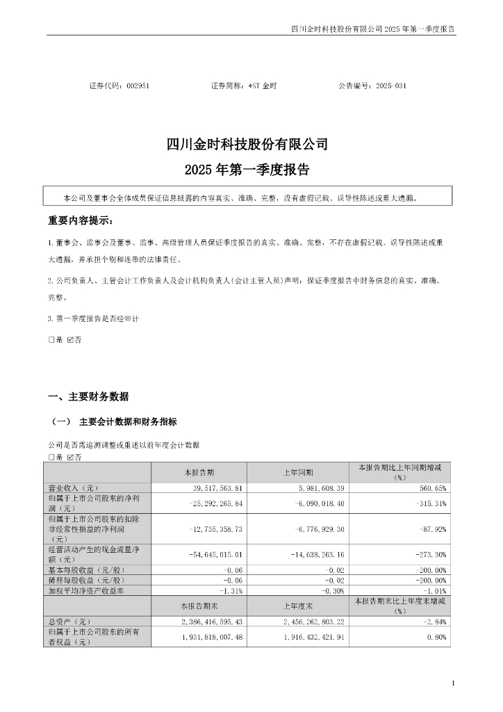 002951-*ST金时：2025年一季度报告